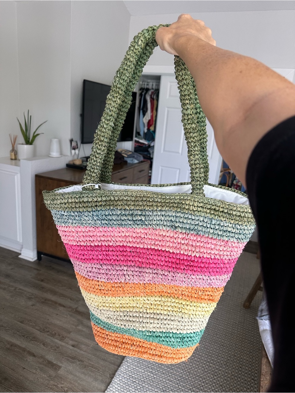 Striped Crochet Tote Bag in Olive with Multicolor Stripes